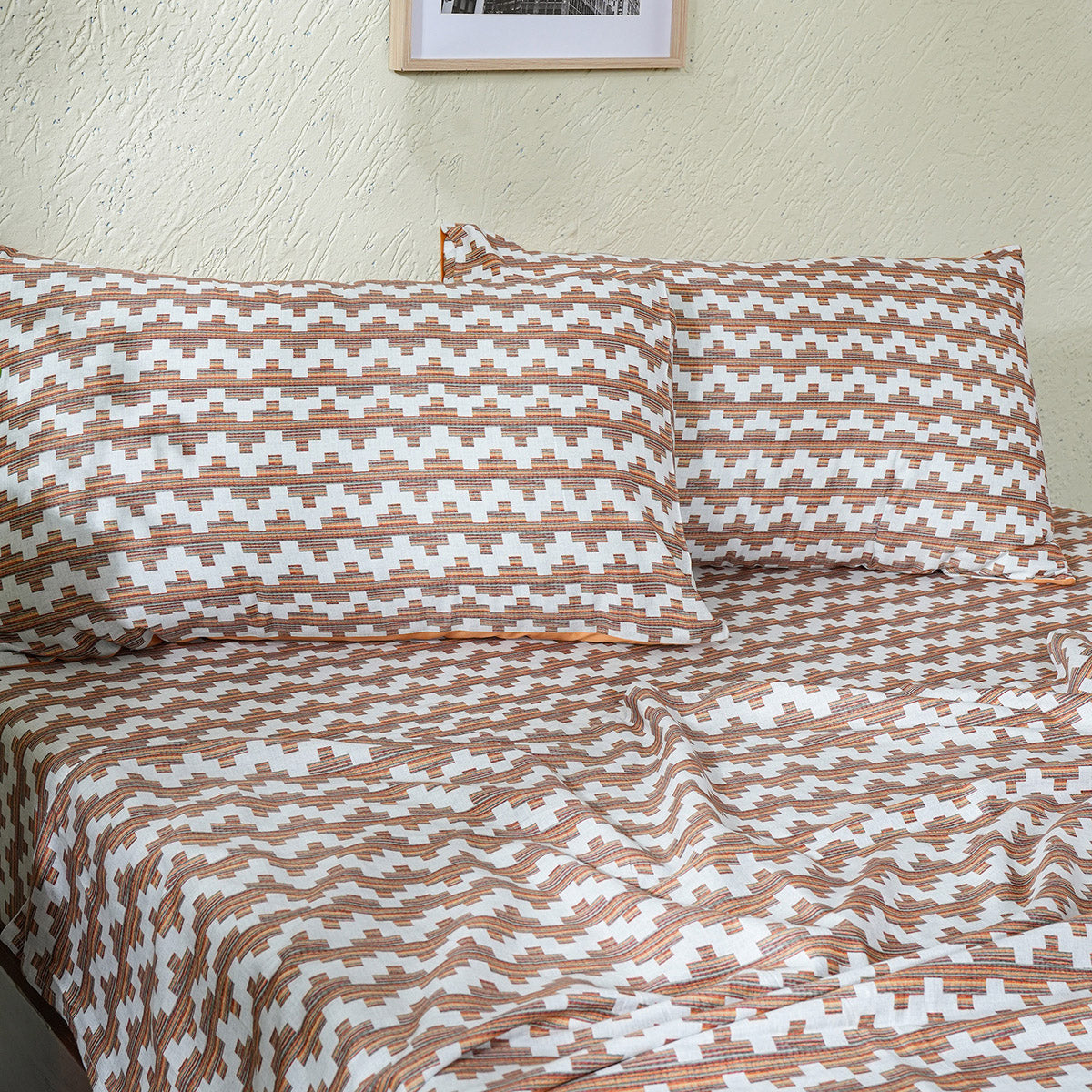 Whimsy Nature Twisty Melange Digital Printed 100% Cotton Rust Bedsheet with Pillow Case