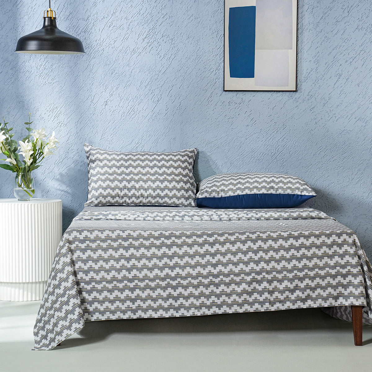 Whimsy Nature Twisty Melange Digital Printed 100% Cotton Blue Bedsheet with Pillow Case