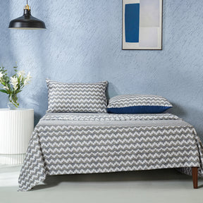 Whimsy Nature Twisty Melange Digital Printed 100% Cotton Blue Bedsheet with Pillow Case