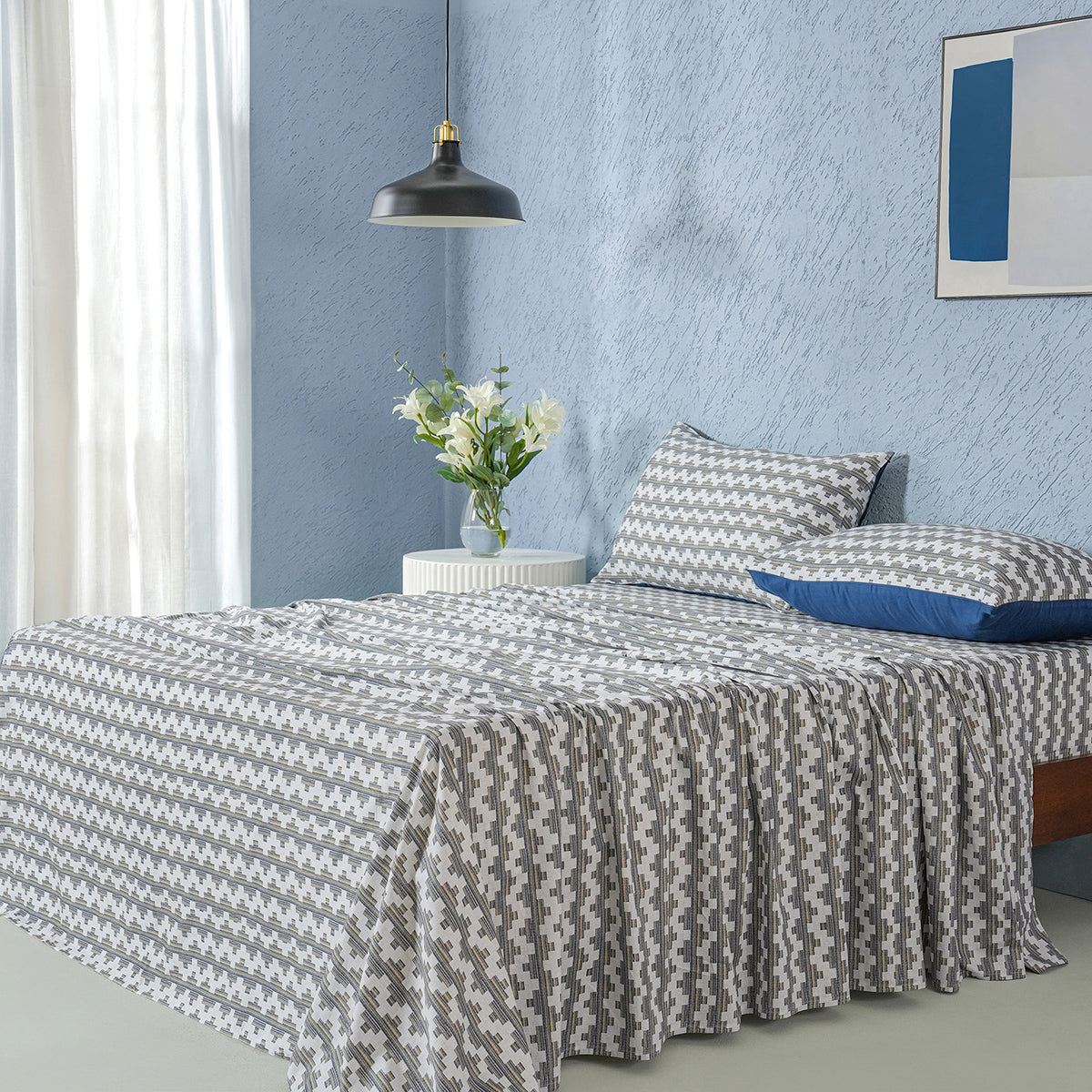 Whimsy Nature Twisty Melange Digital Printed 100% Cotton Blue Bedsheet with Pillow Case