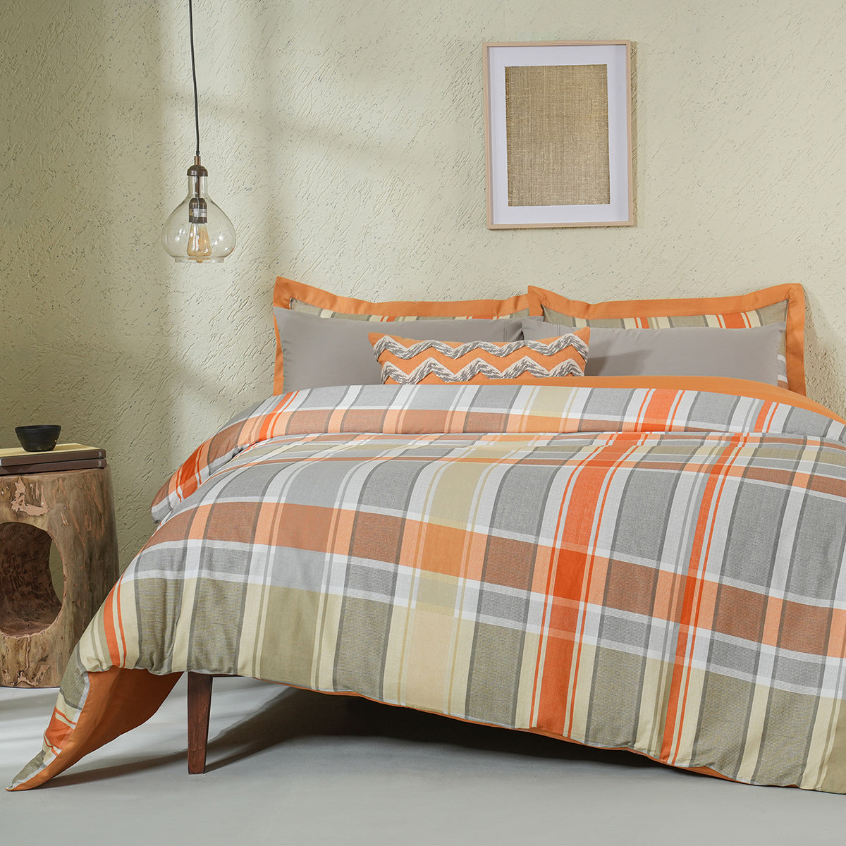 Whimsy Nature Vivid Plaid Woven 100% Cotton Rust 8pcs Duvet Cover Set