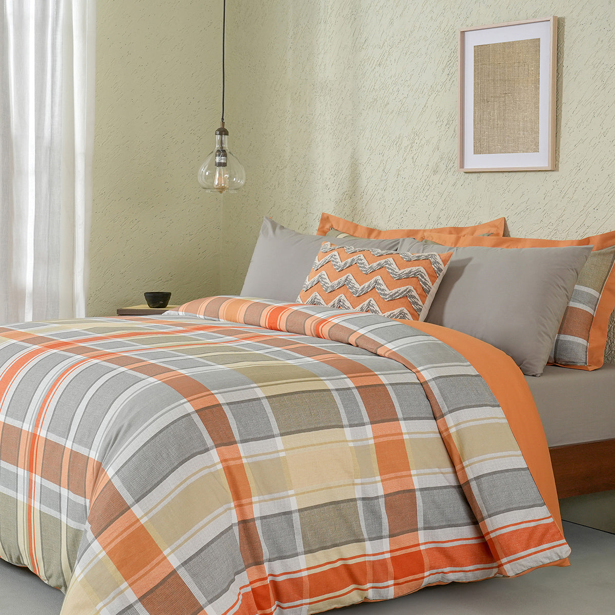 Whimsy Nature Vivid Plaid Woven 100% Cotton Rust 8pcs Duvet Cover Set