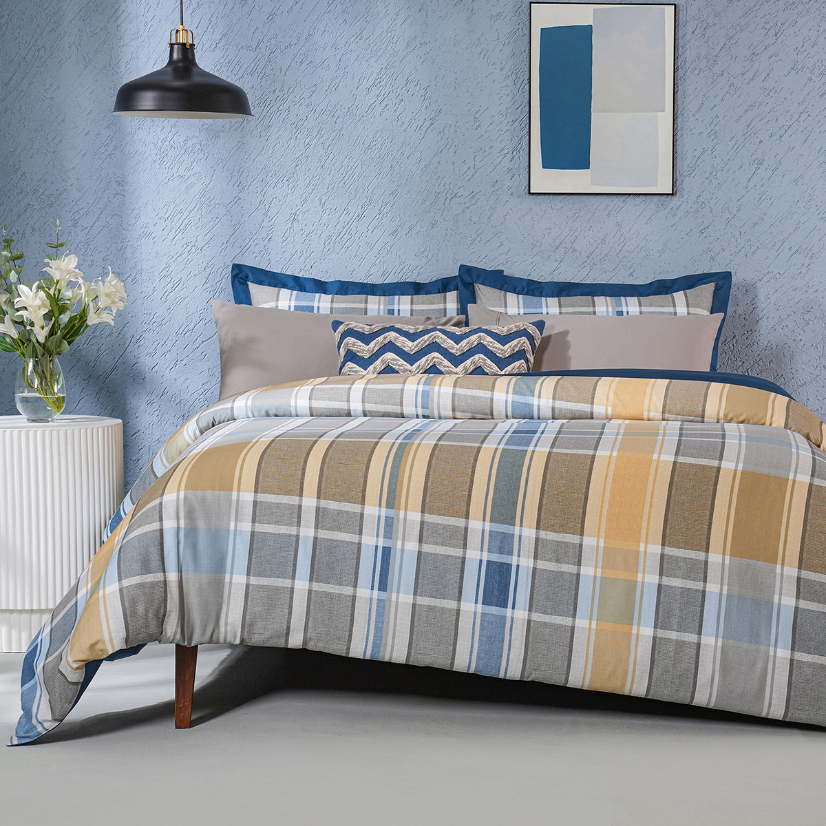 Whimsy Nature Vivid Plaid Woven 100% Cotton Blue 8pcs Duvet Cover Set