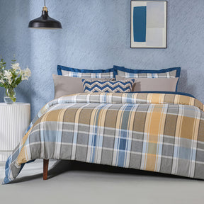 Whimsy Nature Vivid Plaid Woven 100% Cotton Blue 8pcs Duvet Cover Set