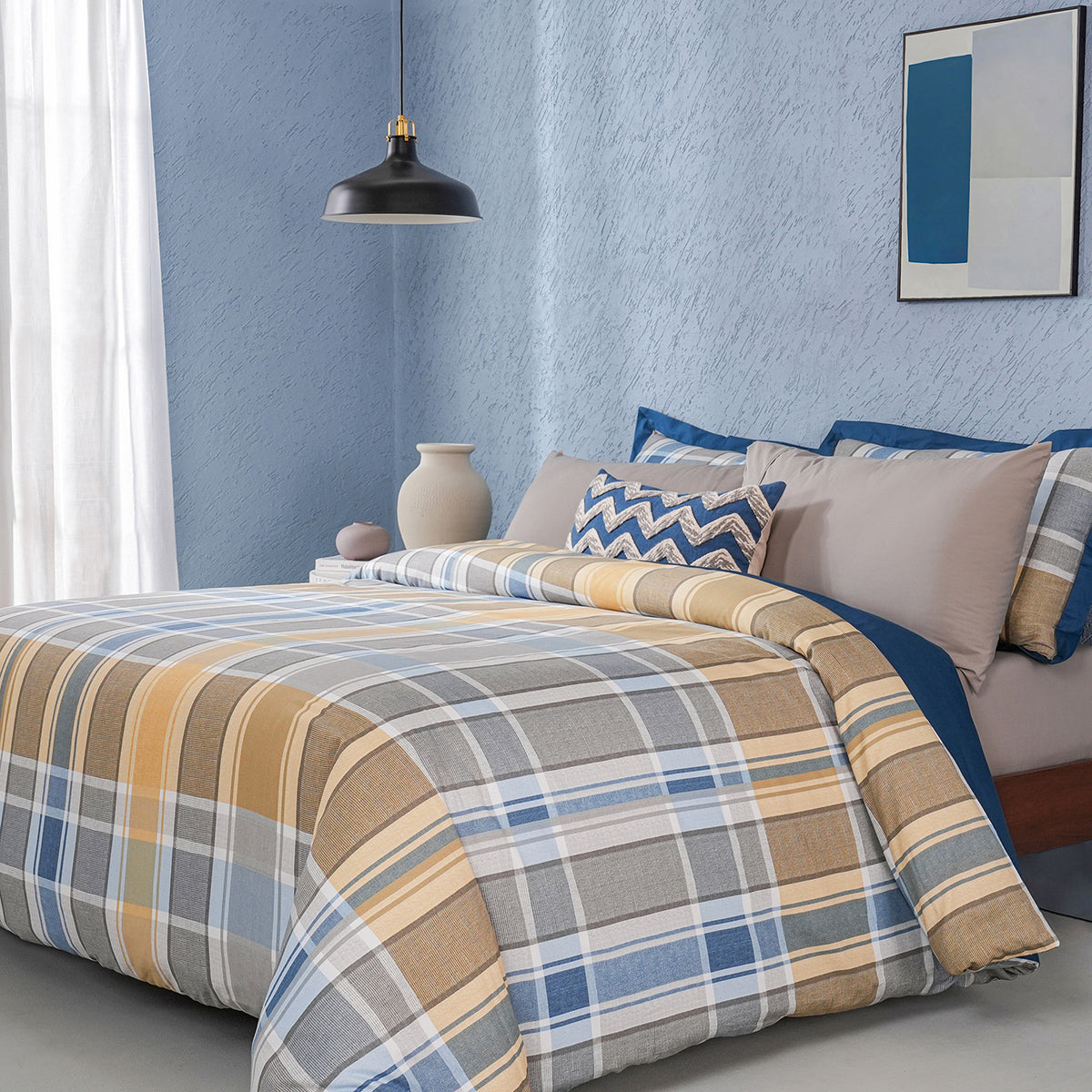 Whimsy Nature Vivid Plaid Woven 100% Cotton Blue 8pcs Duvet Cover Set