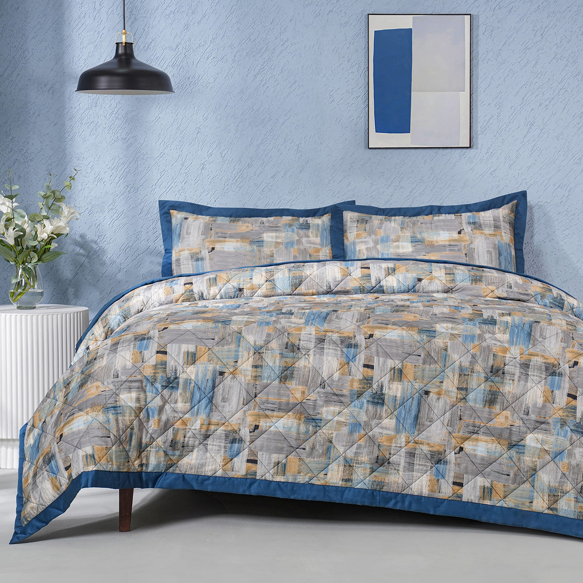 Whimsy Nature Brush Strokes Quilt/Quilted Bed Cover Blue