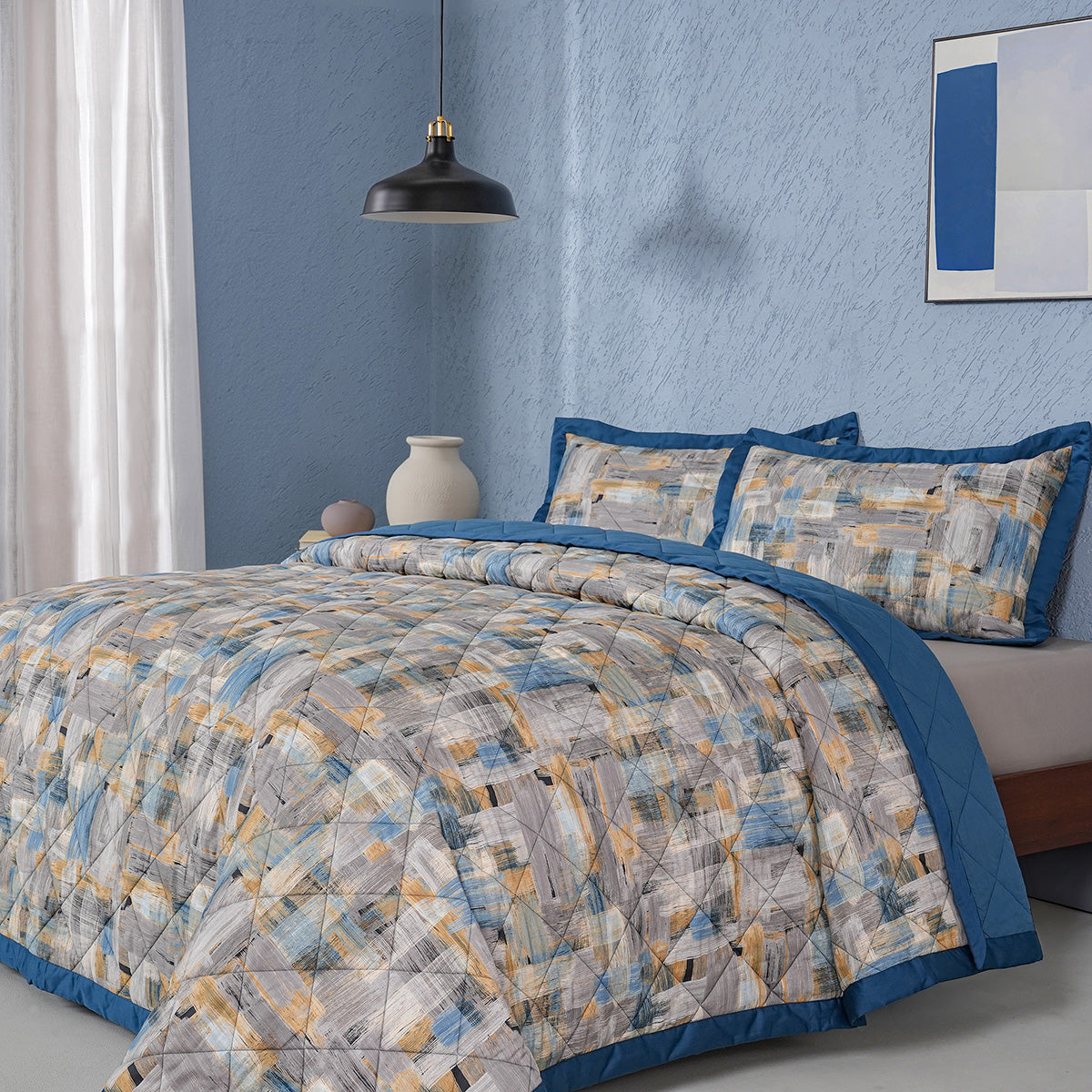 Whimsy Nature Brush Strokes Quilt/Quilted Bed Cover Blue