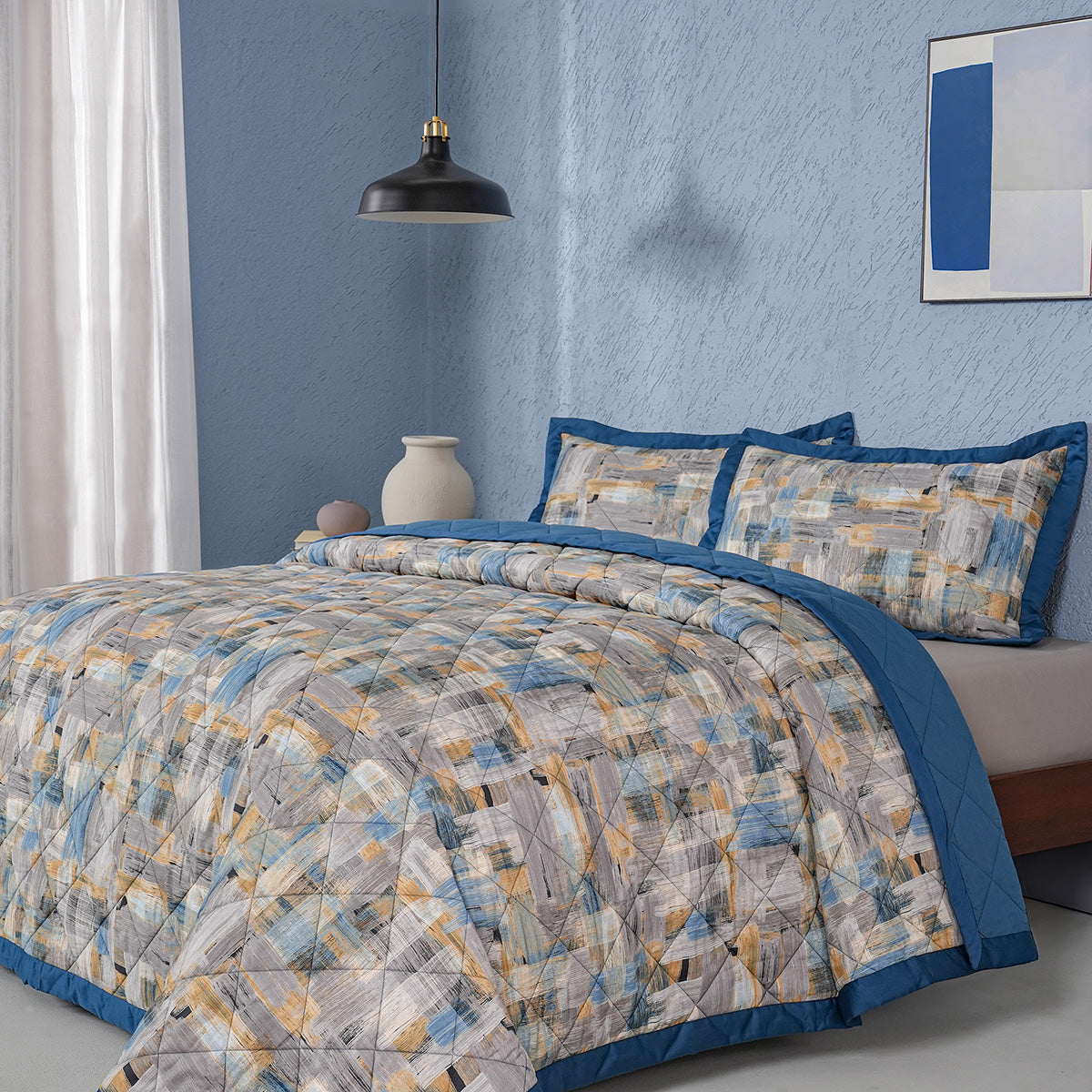 Whimsy Nature Brush Strokes Quilt/Quilted Bed Cover Blue