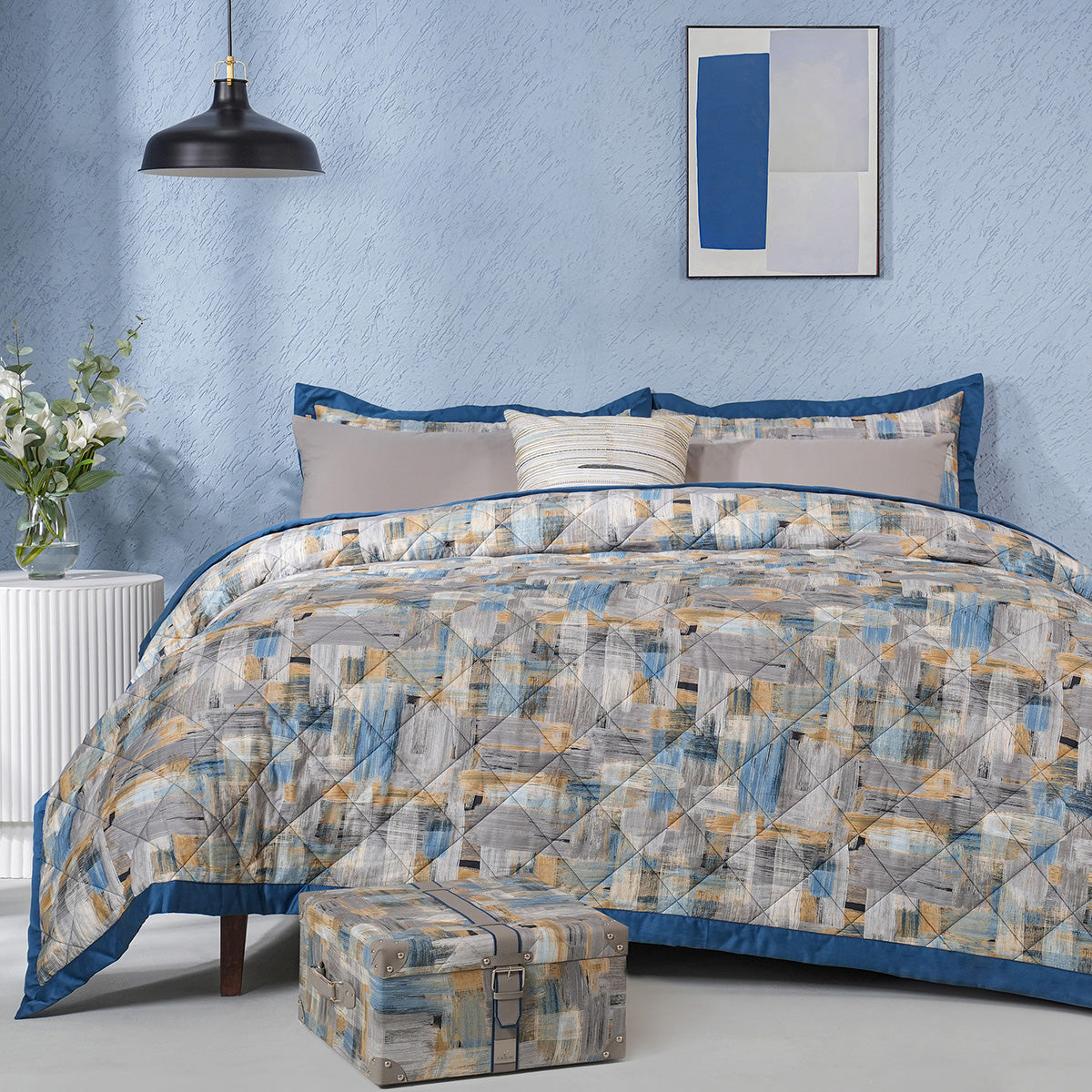 Whimsy Nature Brush Strokes Blue 8pcs Quilt/Quilted Bed Cover