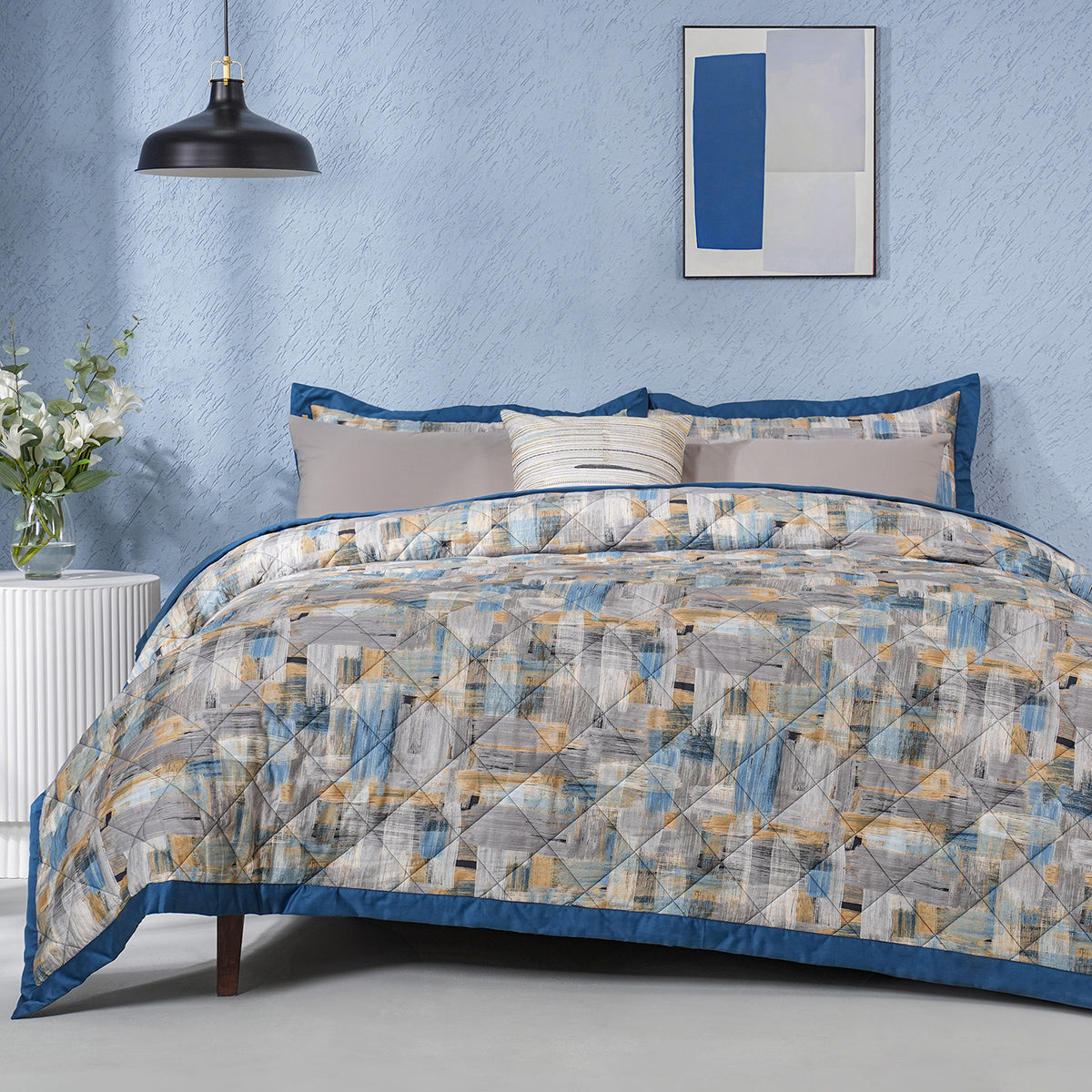 Whimsy Nature Brush Strokes Blue 8pcs Quilt/Quilted Bed Cover