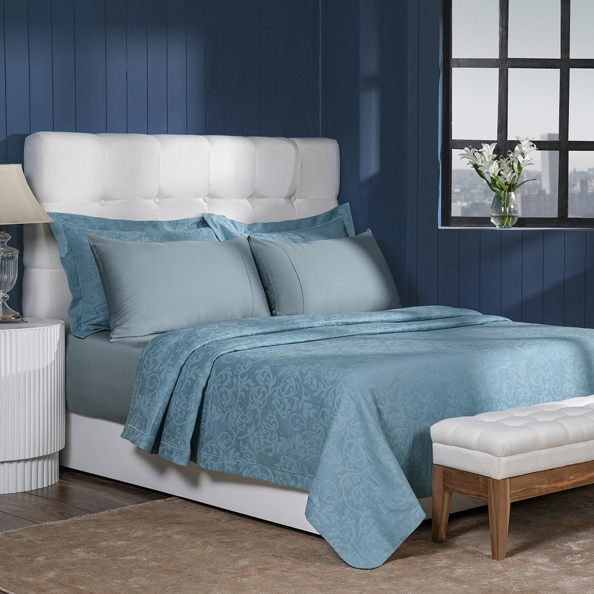 Classical Impression Curly Scroll 100% Cotton Bed Cover Blue