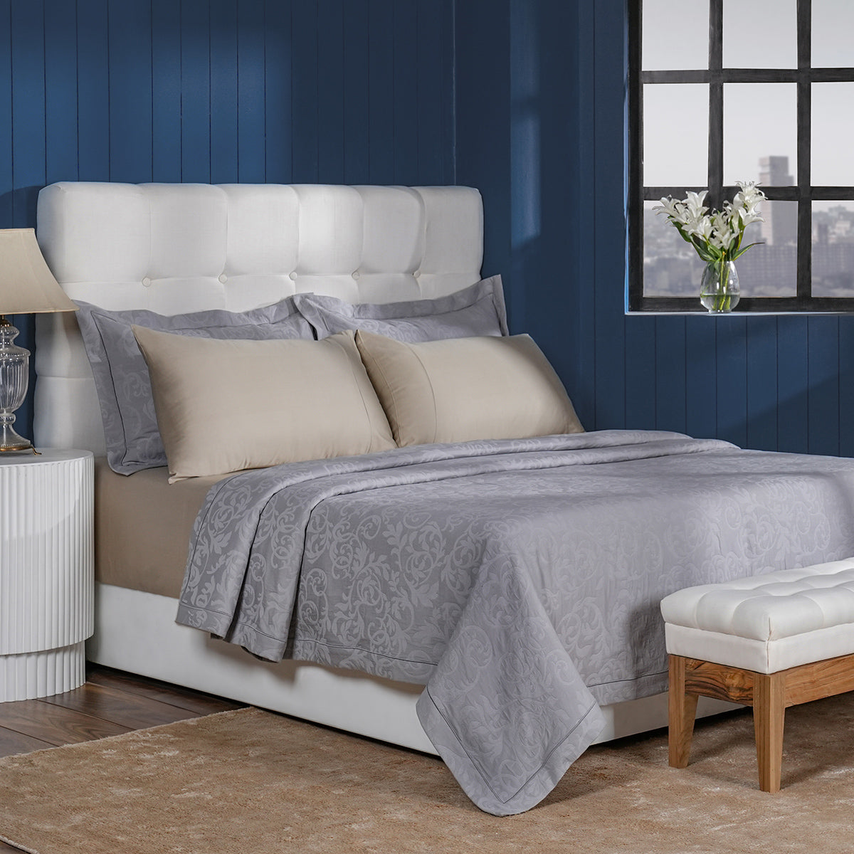 Classical Impression Curly Scroll 100% Cotton Bed Cover Grey