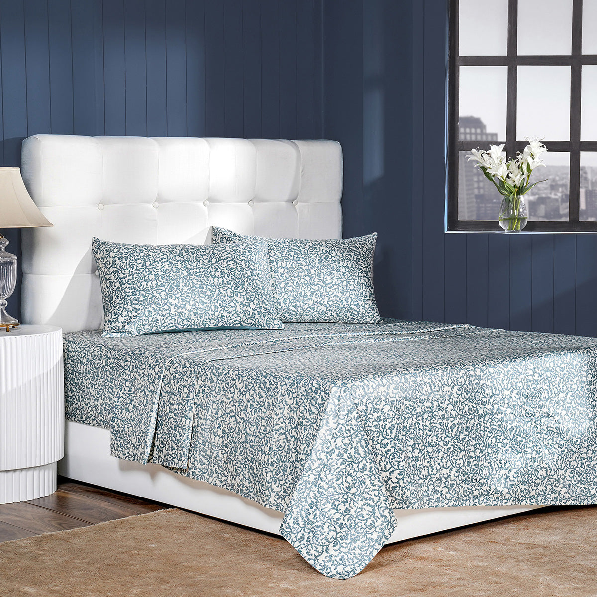 Classical Impression Ornamental 100% Cotton Bedsheet with Pillow Case Blue