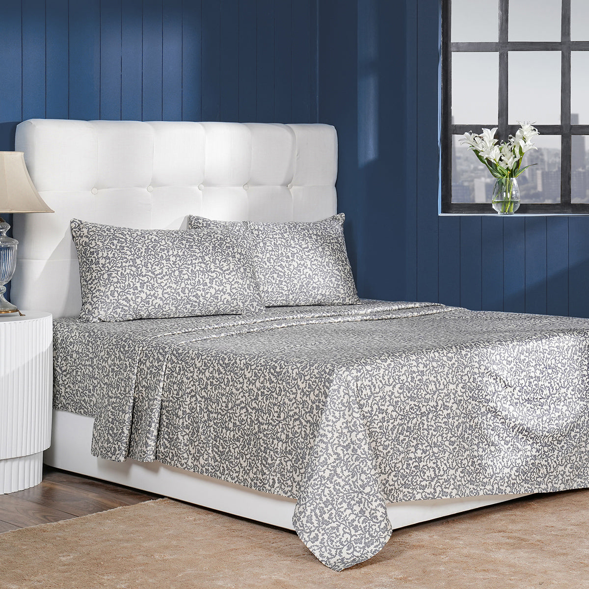 Classical Impression Ornamental 100% Cotton Bedsheet with Pillow Case Grey