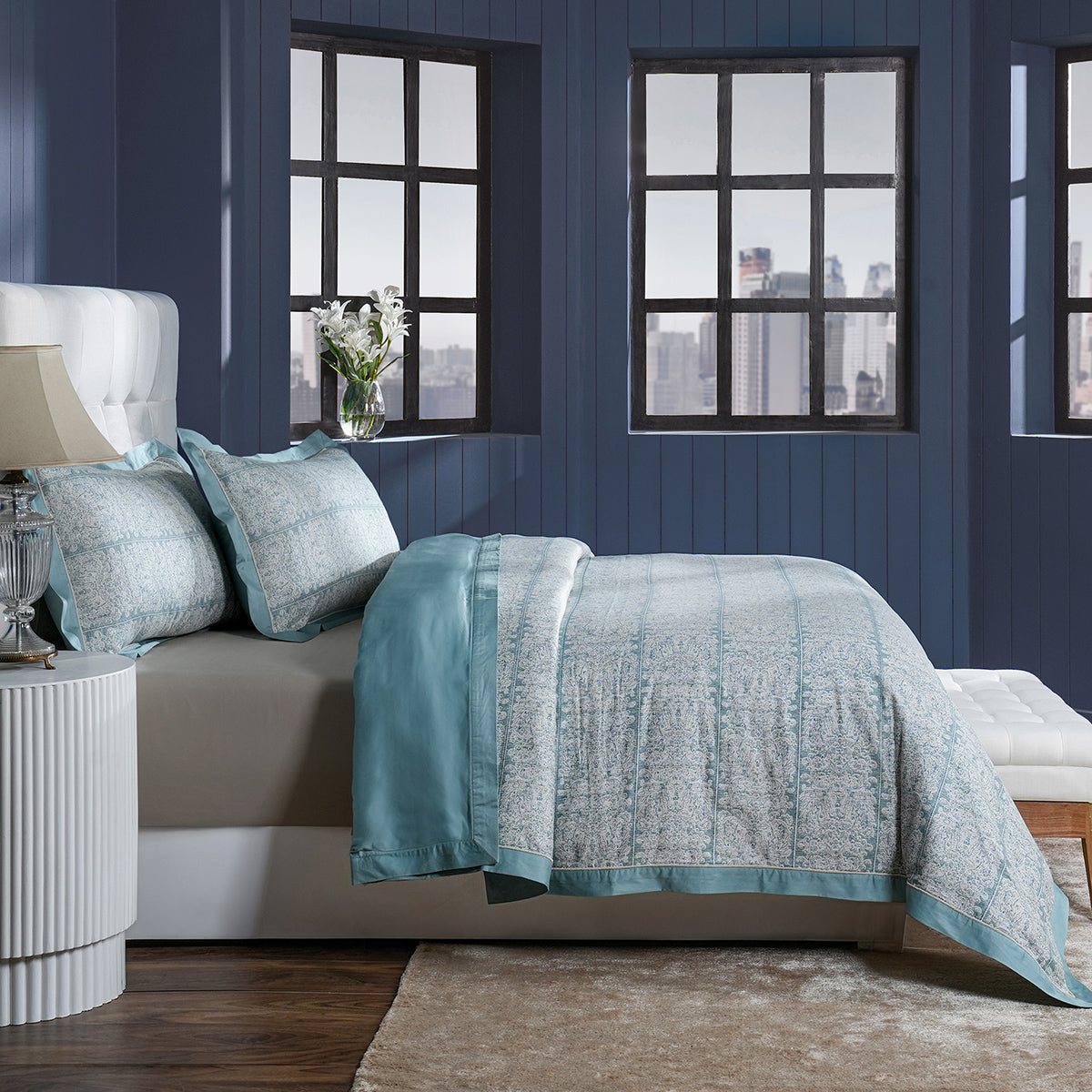 Classical Impression Folkloric 100% Cotton Duvet Cover with Pillow Case Blue