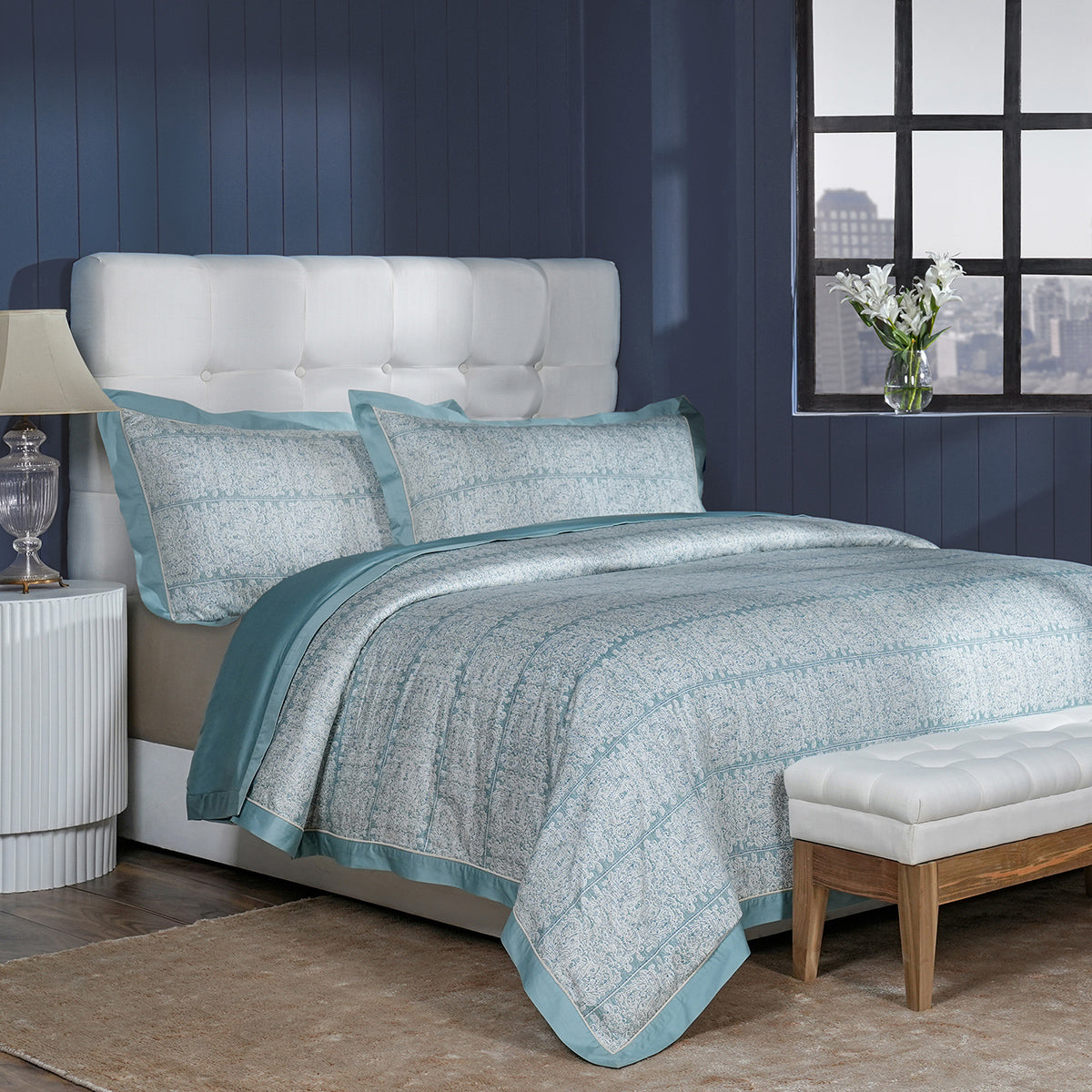Classical Impression Folkloric 100% Cotton Duvet Cover with Pillow Case Blue