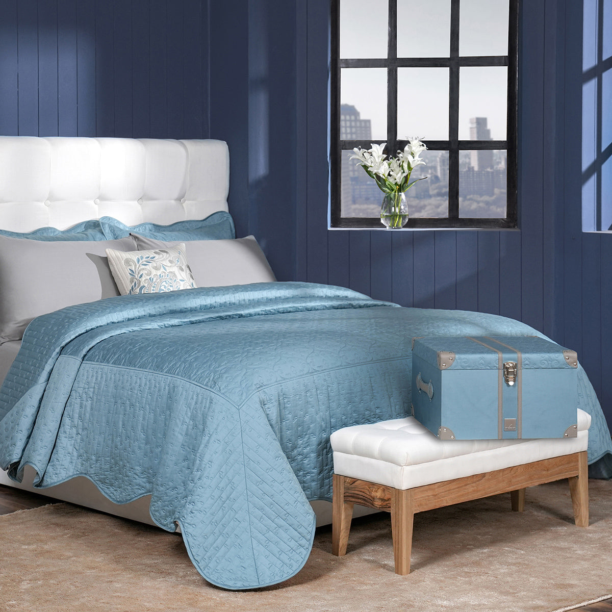 Classical Impression Swirling 100% Cotton 8pcs Quilt/Qulited Bed Cover Set Blue