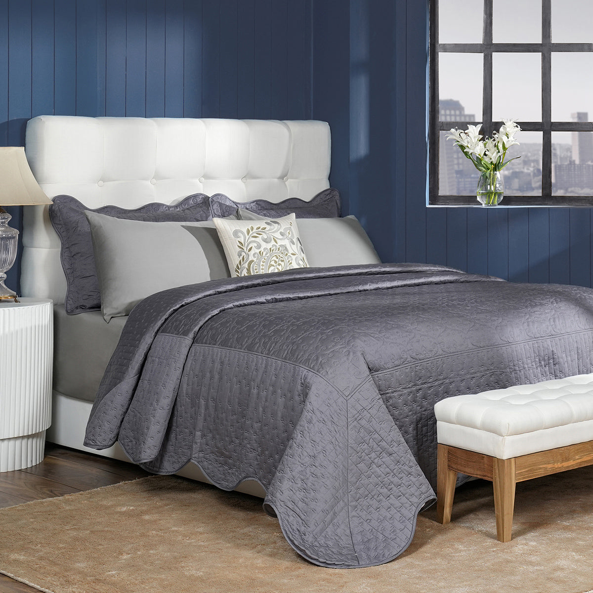 Classical Impression Swirling 100% Cotton 8pcs Quilt/Qulited Bed Cover Set Grey