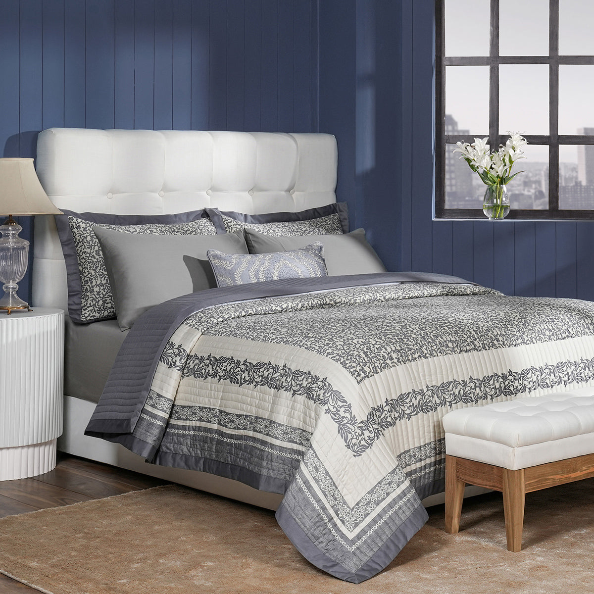 Classical Impression Ornamental 100% Cotton 8pcs Quilt/Qulited Bed Cover Set Grey