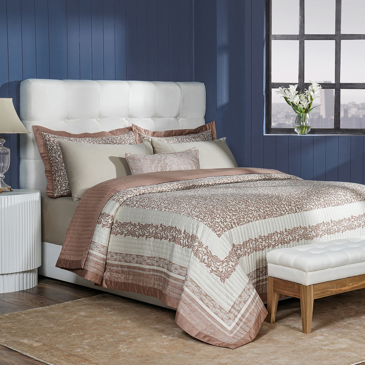 Classical Impression Ornamental 100% Cotton 8pcs Quilt/Qulited Bed Cover Set Brown