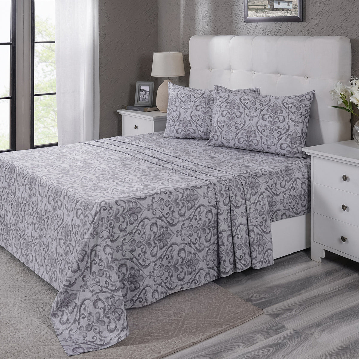 PBS Vintage Chic Dawson 100% Cotton Bedsheet with Pillow Case Grey