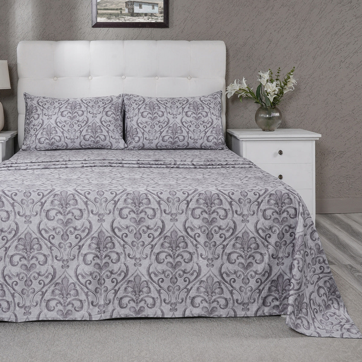 PBS Vintage Chic Dawson 100% Cotton Bedsheet with Pillow Case Grey