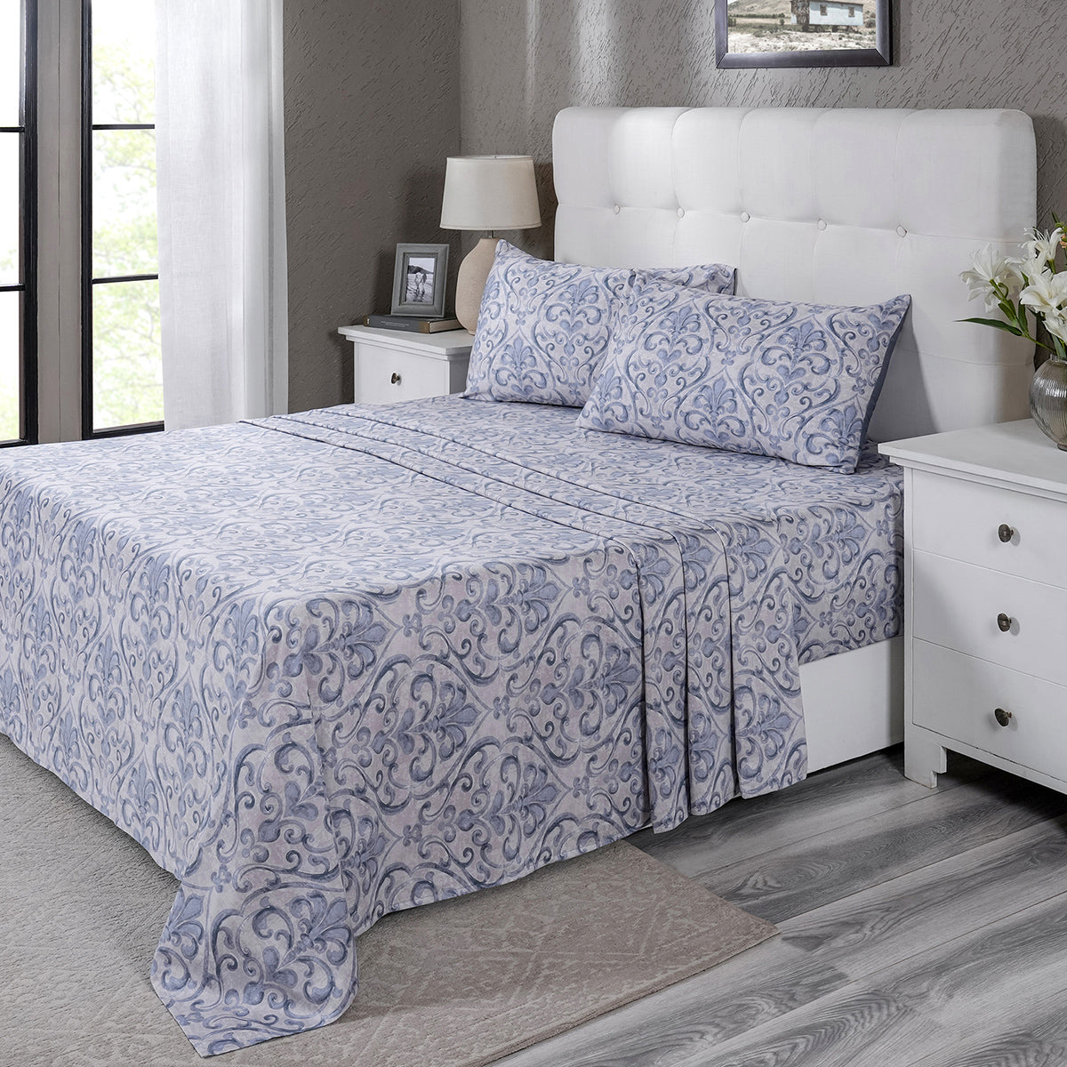 PBS Vintage Chic Dawson 100% Cotton Bedsheet with Pillow Case Blue