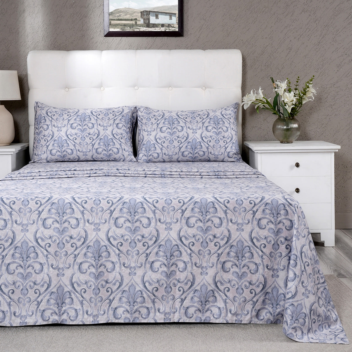 PBS Vintage Chic Dawson 100% Cotton Bedsheet with Pillow Case Blue