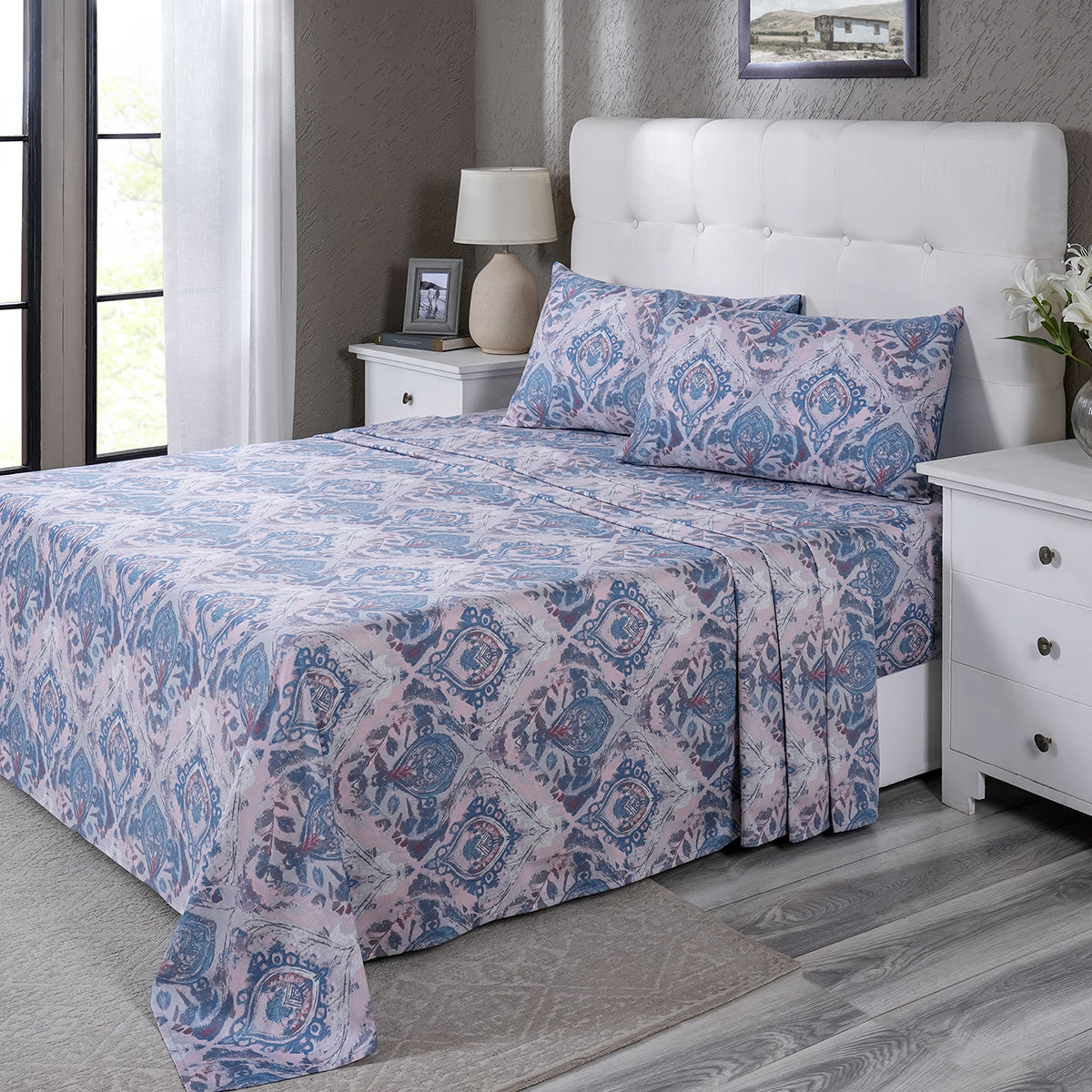 PBS Vintage Chic Edmund 100% Cotton Bedsheet with Pillow Case Blue