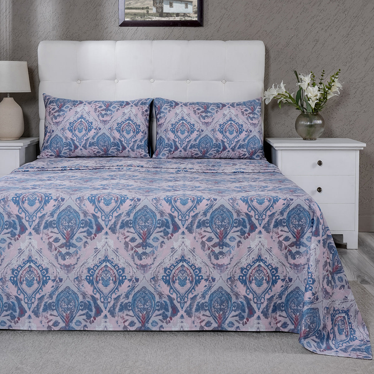 PBS Vintage Chic Edmund 100% Cotton Bedsheet with Pillow Case Blue