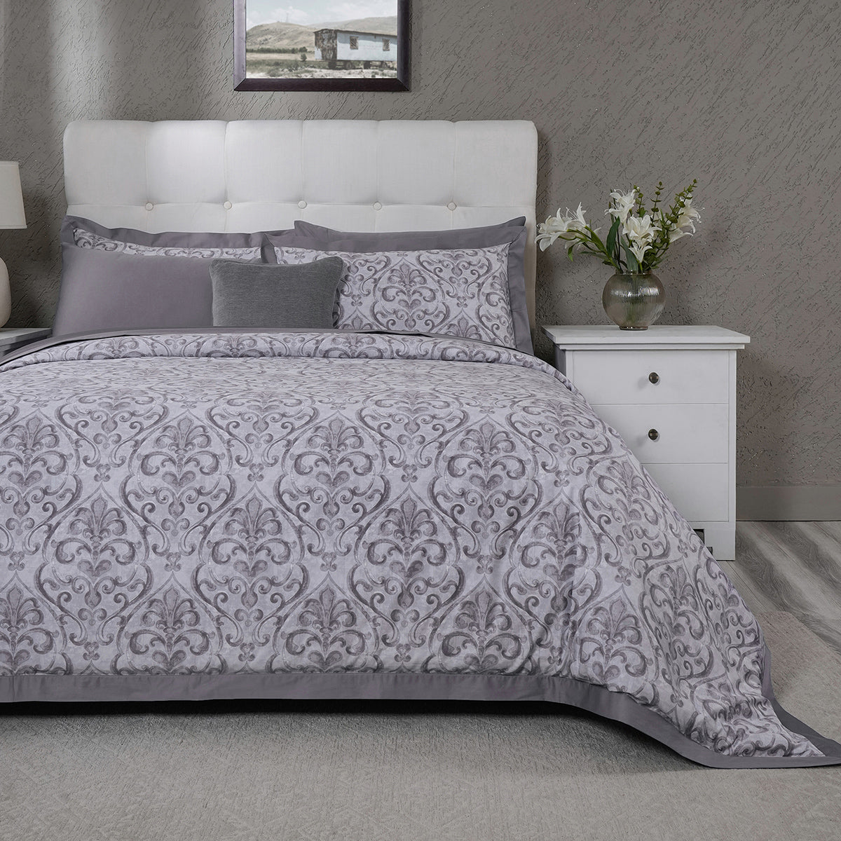 PBS Vintage Chic Dawson 100% Cotton 8 Pcs Duvet Cover Set Grey