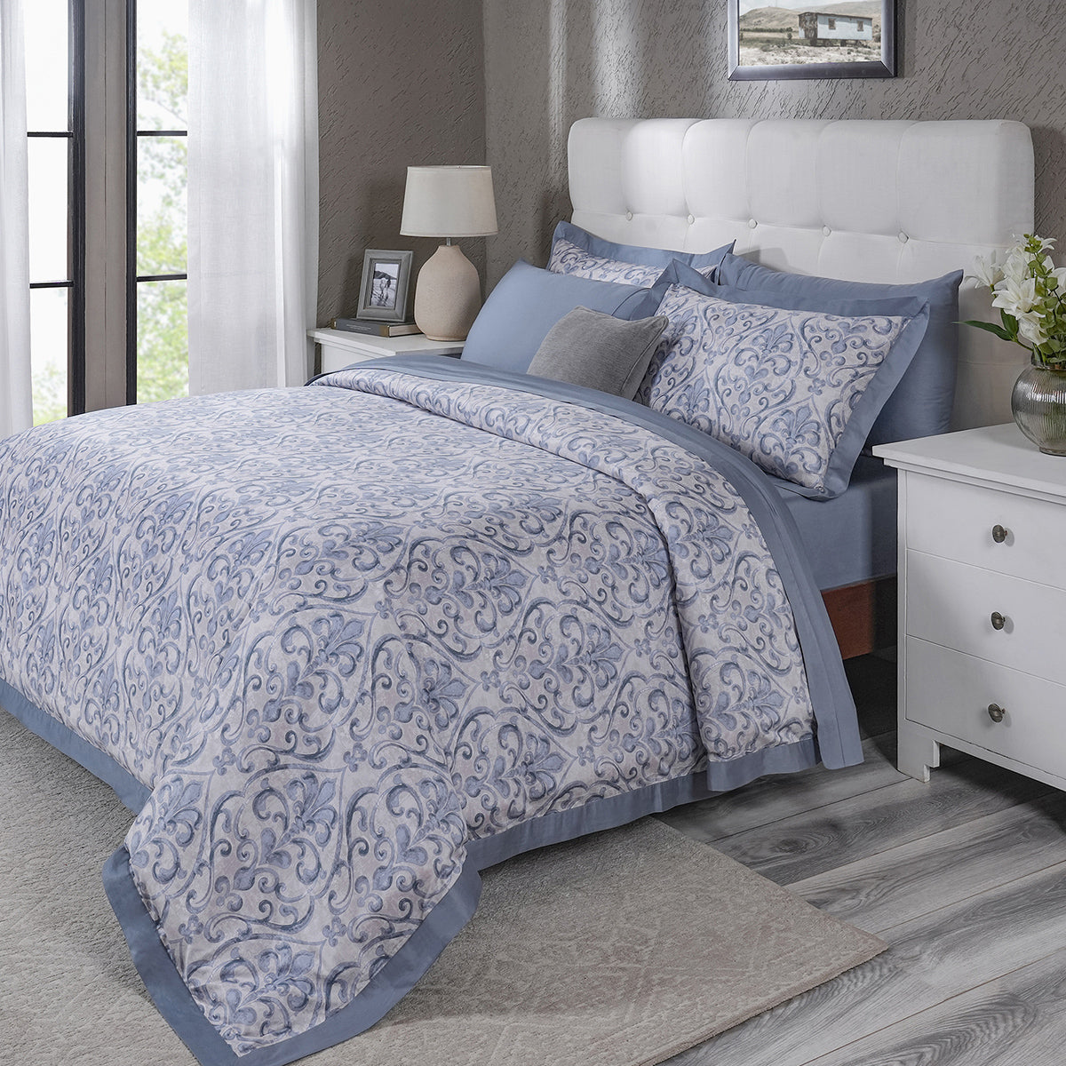 PBS Vintage Chic Dawson 100% Cotton 8 Pcs Duvet Cover Set Blue