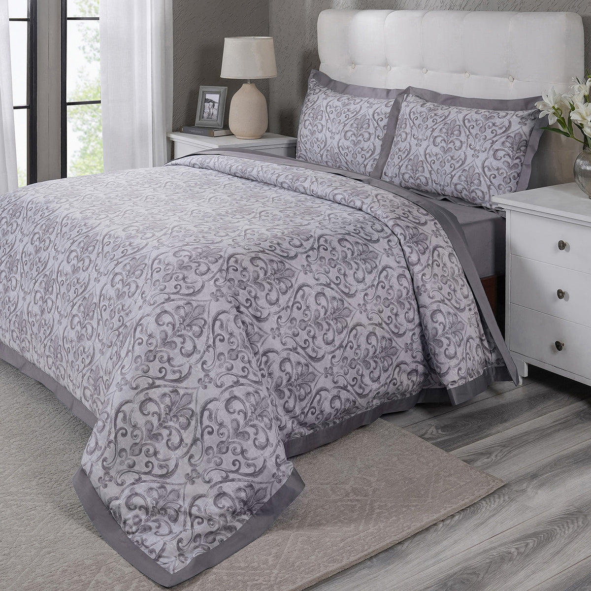 PBS Vintage Chic Dawson 100% Cotton Duvet Cover With Pillow Case Grey