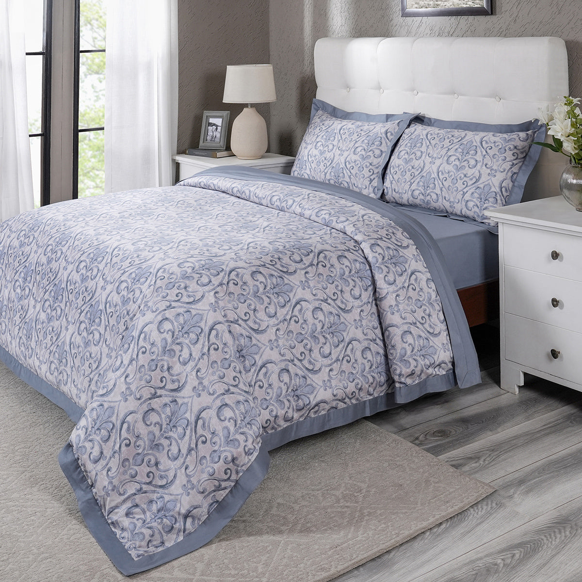 PBS Vintage Chic Dawson 100% Cotton Duvet Cover With Pillow Case Blue