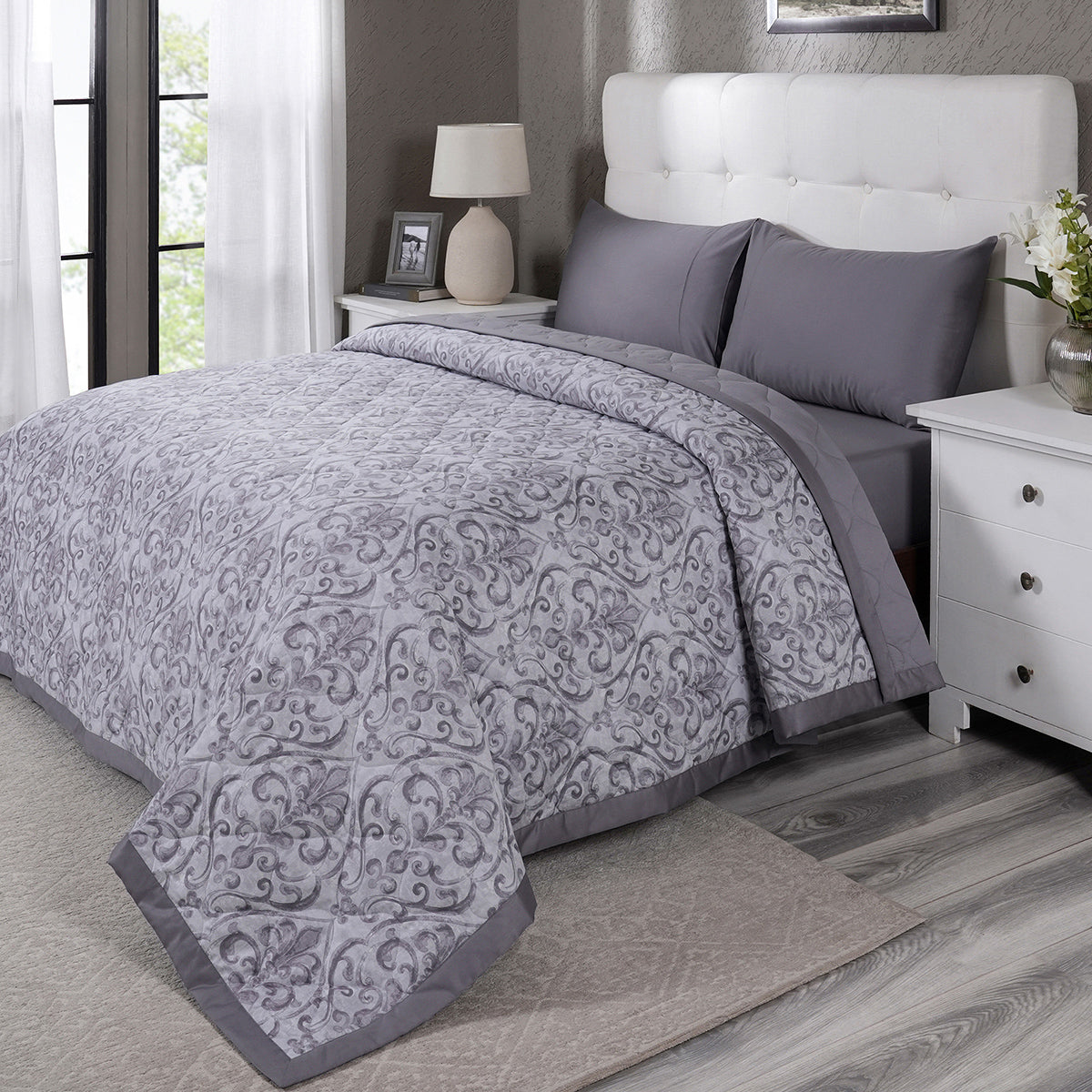 PBS Vintage Chic Dawson Quilt/Quilted Bed Cover Grey