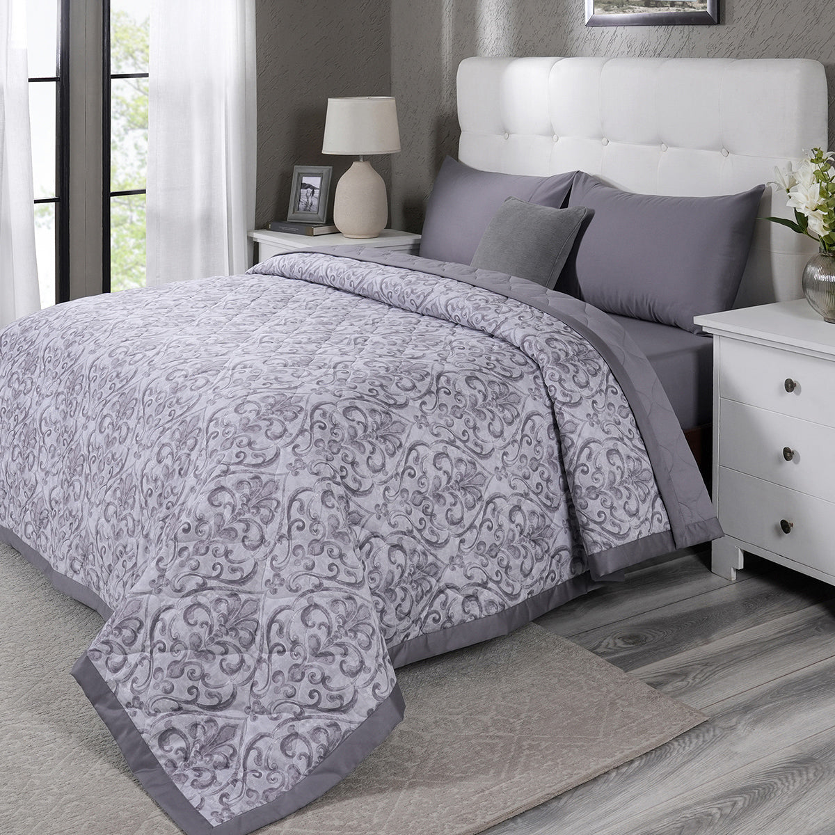PBS Vintage Chic Dawson 6 Pcs Quilt Set /Quilted Bed Cover Grey