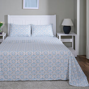 Hermosa Sensory Bloom Gareth 100% Cotton Printed Bed Sheet with Pillow Case Blue