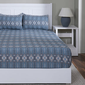 Hermosa Sensory Bloom  100% Cotton Printed Fitted Sheet with Pillow Case Blue