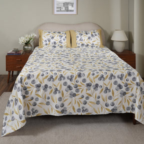 Sensory Bloom Myrtille 100% Cotton Mustard Bed Sheet with Pillow Case