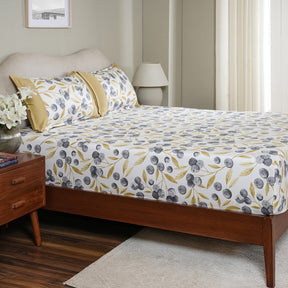 Sensory Bloom Myrtille 100% Cotton Mustard Fitted Sheet with Pillow Case