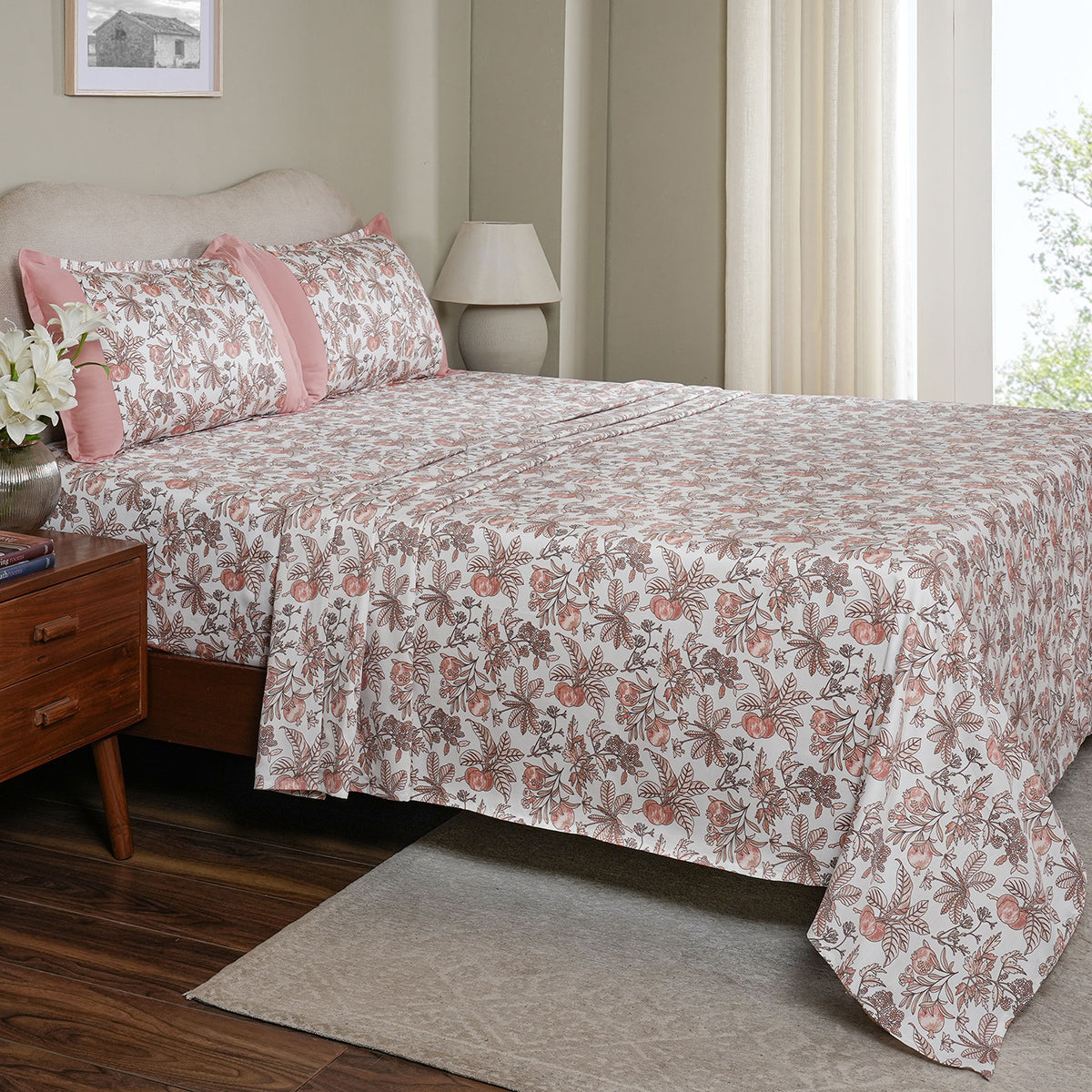 Sensory Bloom Fruity Foliage Pink Bed Sheet with Pillow Case