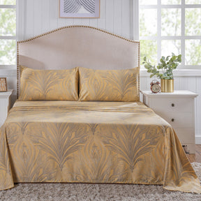 Classical Ornate Baroque Feathering Bed Sheet with Pillow Case Gold