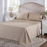 Classical Ornate Seamless Scroll Bed Sheet with Pillow Case Gold
