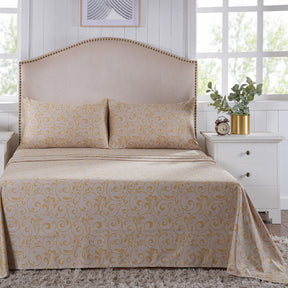 Classical Ornate Seamless Scroll Bed Sheet with Pillow Case Gold