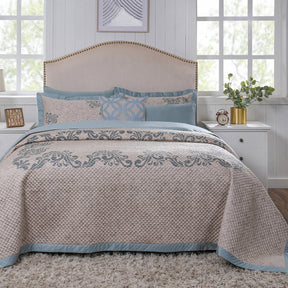 8pcs Quilt/Qulited Bed Cover Set Blue Classical Ornate Seamless Scroll