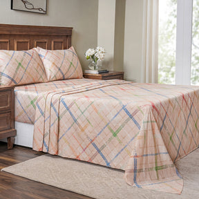 Eclectic Geo Rhombus Digital Print 100% Cotton Beige Bed Sheet with Pillow Case