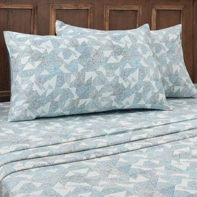 Eclectic Geo Triangle Digital Print 100% Cotton Blue Bed Sheet with Pillow Case