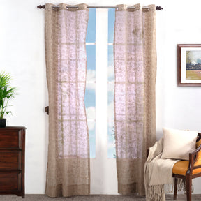 Chintz Leaves Embroidered 2PC Beige Curtain Set