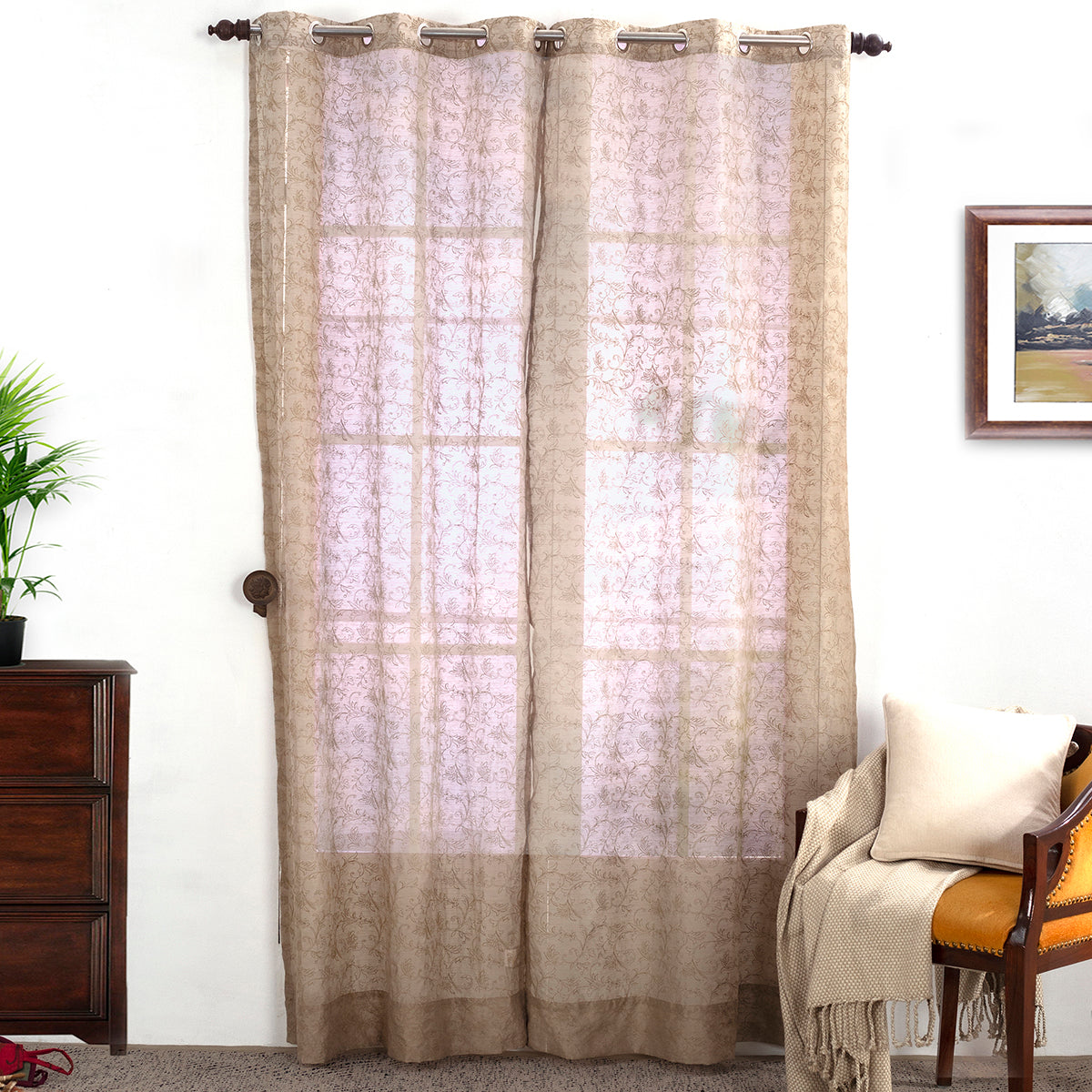 Chintz Leaves Embroidered 2PC Beige Curtain Set
