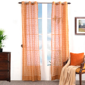 Chintz Leaves Embroidered 2PC Orange Curtain Set